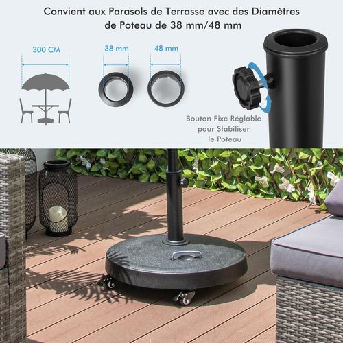Pied De Parasol Sur Roulettes Φ52cm, Socle Parasol Extérieur En Résine Avec 2 Poignées Rétractables