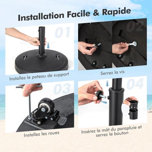 Pied De Parasol Sur Roulettes Φ52cm, Socle Parasol Extérieur En Résine Avec 2 Poignées Rétractables