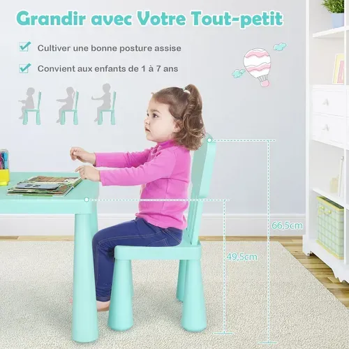Table Et Chaises Enfants 1-7 Ans Avec Dossier Ergonomique, Charge 50kg, 76,5x54,5x49,5cm, Bleu
