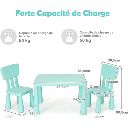 Table Et Chaises Enfants 1-7 Ans Avec Dossier Ergonomique, Charge 50kg, 76,5x54,5x49,5cm, Bleu