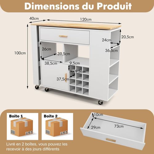 Ilot Central De Cuisine2 En 1, Meuble De Bar, Desserte Sur Roulettes Blanc