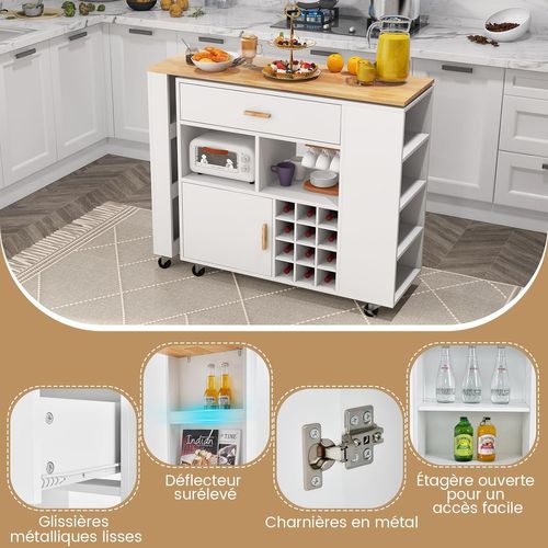Ilot Central De Cuisine2 En 1, Meuble De Bar, Desserte Sur Roulettes Blanc