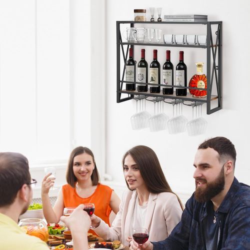 COSTWAY Casier à Bouteilles Mural Industriel 3 Niveaux Avec Porte-Verres - 20x80x63 Cm