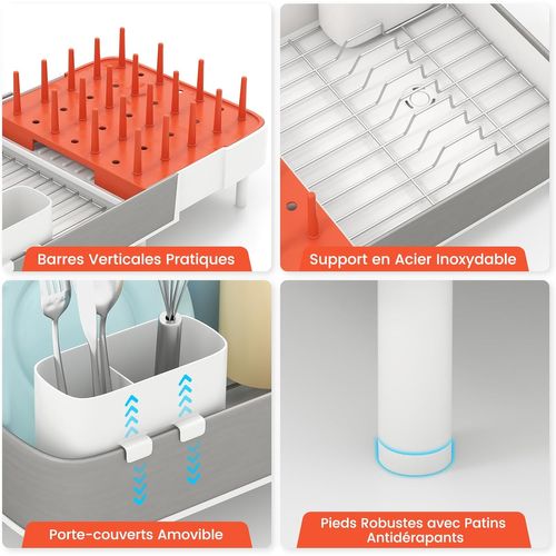 Égouttoir à Vaisselle Extensible (44-52,5 Cm), Réglable En Deux Parties Avec Porte-couverts Amovible