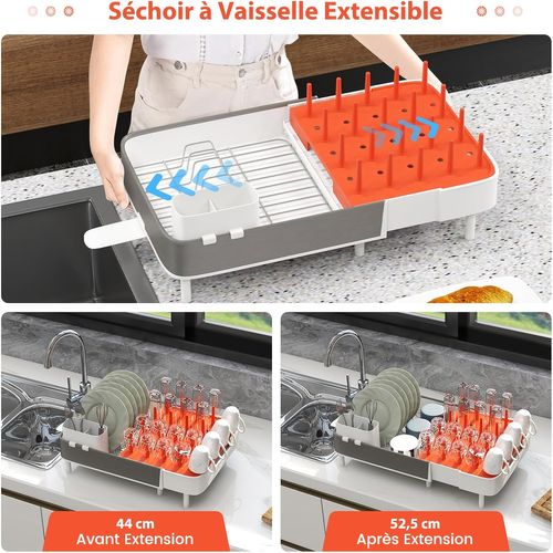 Égouttoir à Vaisselle Extensible (44-52,5 Cm), Réglable En Deux Parties Avec Porte-couverts Amovible