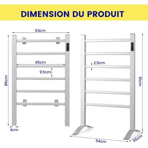 Sèche-serviettes Électrique 30-60°c Avec 6 Barres En Aluminium Autoportant, Chauffe-serviettes 100w