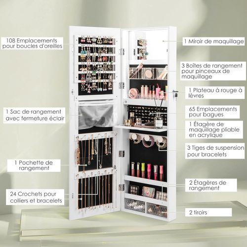 Armoire À Bijoux Murale Avec Miroir Pleine Longueur Hd, Inclus Lumières Tricolores, Organisateur