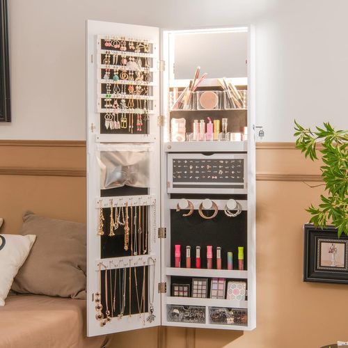 Armoire À Bijoux Murale Avec Miroir Pleine Longueur Hd, Inclus Lumières Tricolores, Organisateur