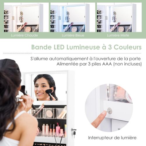 Armoire À Bijoux Murale Avec Miroir Pleine Longueur Hd, Inclus Lumières Tricolores, Organisateur