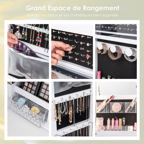 Armoire À Bijoux Murale Avec Miroir Pleine Longueur Hd, Inclus Lumières Tricolores, Organisateur