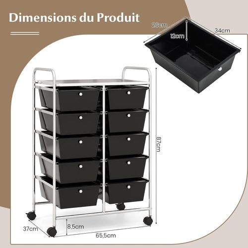 Chariot De Rangement à Roulette 12 Tiroirs En Pp, 64x38x75cm(noir ...