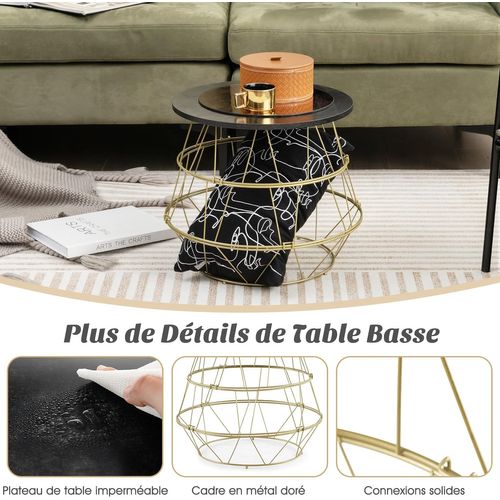 2 En 1 Tables Basses Gigognes Ronde Plateau En Marbre 1 Tiroir Pieds Métal 70x70x45,5+50x50x38,5cm Noir - Maison