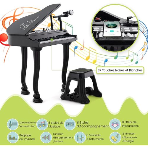 Piano Jouet Multifonctionnel pour Enfants à 37 Touches Microphone Mode d'Enseignement Led Piano Électronique pour Enfants Noir/Rose/Blanc