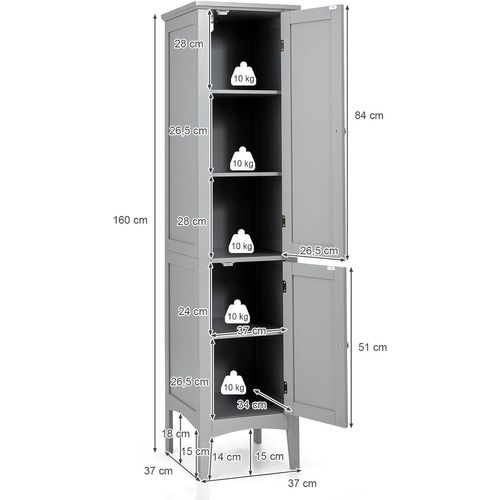 Colonne De Salle De Bain 5 Niveaux 2 Portes, Meuble Rangement De Salle De Bain, 37 X 37 X 160cm Gris