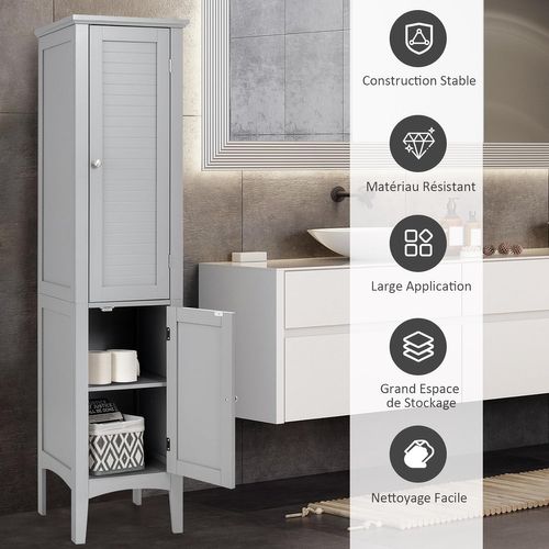 Colonne De Salle De Bain 5 Niveaux 2 Portes, Meuble Rangement De Salle De Bain, 37 X 37 X 160cm Gris