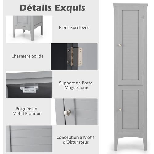 Colonne De Salle De Bain 5 Niveaux 2 Portes, Meuble Rangement De Salle De Bain, 37 X 37 X 160cm Gris