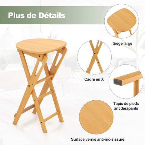 Lot De 2 Tabourets De Bar Pliants En Bambou, Tabouret Haut Chaise Bar Bistro 36 X 33 X 61 Cm