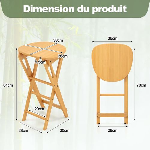 Lot De 2 Tabourets De Bar Pliants En Bambou, Tabouret Haut Chaise Bar Bistro 36 X 33 X 61 Cm