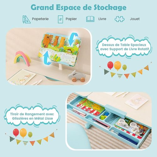 Bureau Enfants Avec Réglable En Hauteur (51-73 Cm) Et Plateau Inclinable(0-60°),Table D'etude,Bleu