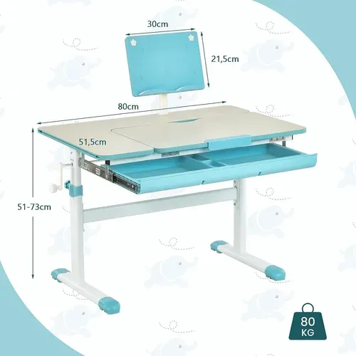 Bureau Enfants Avec Réglable En Hauteur (51-73 Cm) Et Plateau Inclinable(0-60°),Table D'etude,Bleu