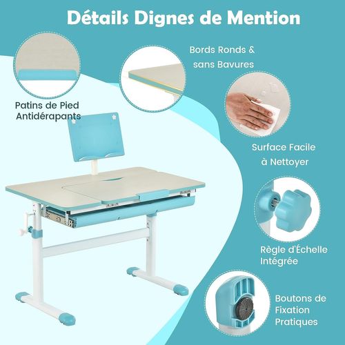 Bureau Enfants Avec Réglable En Hauteur (51-73 Cm) Et Plateau Inclinable(0-60°),Table D'etude,Bleu