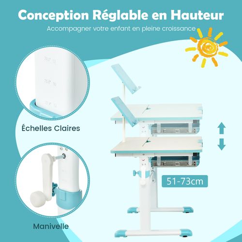 Bureau Enfants Avec Réglable En Hauteur (51-73 Cm) Et Plateau Inclinable(0-60°),Table D'etude,Bleu
