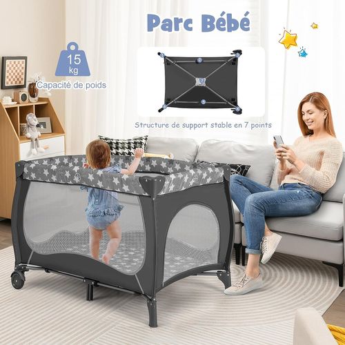 5 En 1 Lit Parapluie Bébé Avec Matelas Et Moustiquaire, Lit Bébé Evolutif Avec Table à Langer,gris