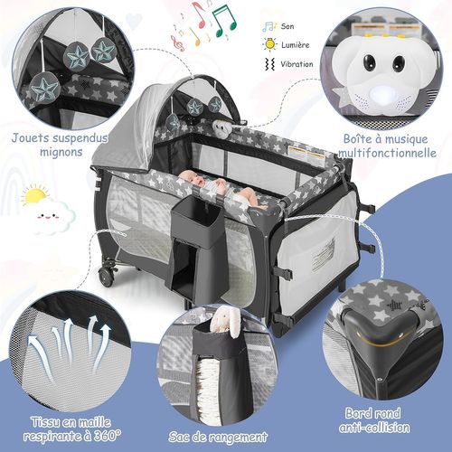 5 En 1 Lit Parapluie Bébé Avec Matelas Et Moustiquaire, Lit Bébé Evolutif Avec Table à Langer,gris