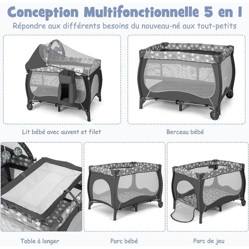 5 En 1 Lit Parapluie Bébé Avec Matelas Et Moustiquaire, Lit Bébé Evolutif Avec Table à Langer,gris