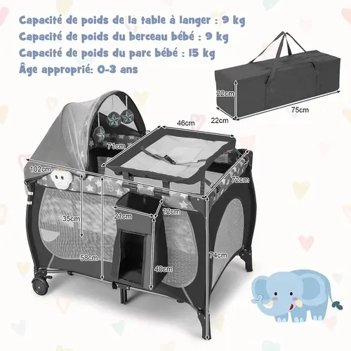 5 En 1 Lit Parapluie Bébé Avec Matelas Et Moustiquaire, Lit Bébé Evolutif Avec Table à Langer,gris
