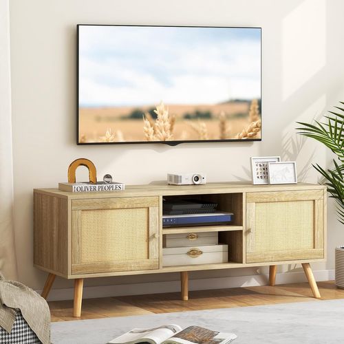 Meuble TV Boho En Bois Style Chêne 150 Cm - Support TV Jusqu'à 65 Pouces, Tiroir Et Portes En Rotin - Design élégant Avec Passe-câble