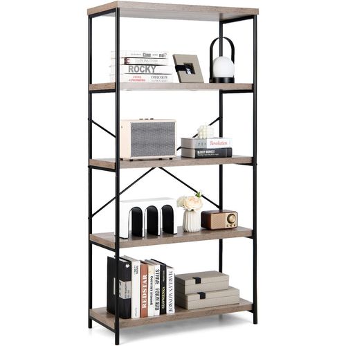 Bibliothèque Étagère à 5 Niveaux, Bibliothèque Industrielle En Bois Avec Cadre En Métal(gris)