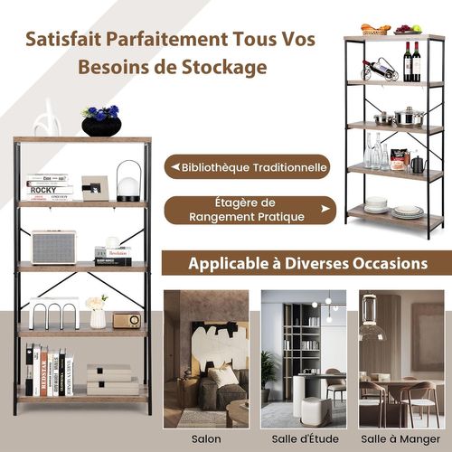 Bibliothèque Étagère à 5 Niveaux, Bibliothèque Industrielle En Bois Avec Cadre En Métal(gris)