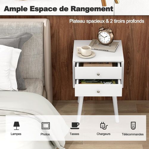 Table De Chevet ESTORIL Meuble De Nuit Avec 2 Tiroirs De Coloris Blanc Et Bois Naturel Avec Pieds Epingle En Metal Noir