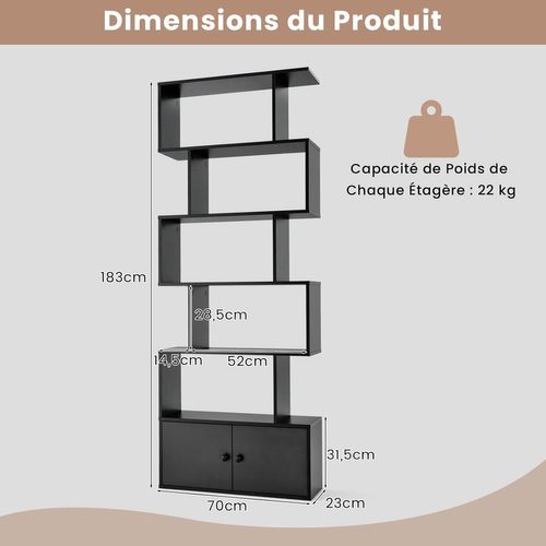 Bibliothèque Avec 5 Etagères En Forme De S, Étagère De Rangement 70 X 23 X 183 Cm, Noir
