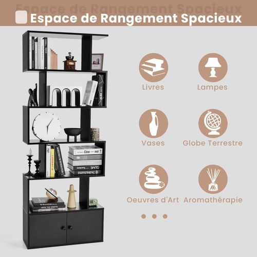 Bibliothèque Avec 5 Etagères En Forme De S, Étagère De Rangement 70 X 23 X 183 Cm, Noir
