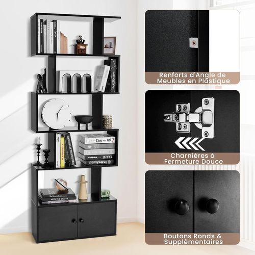 Bibliothèque Avec 5 Etagères En Forme De S, Étagère De Rangement 70 X 23 X 183 Cm, Noir