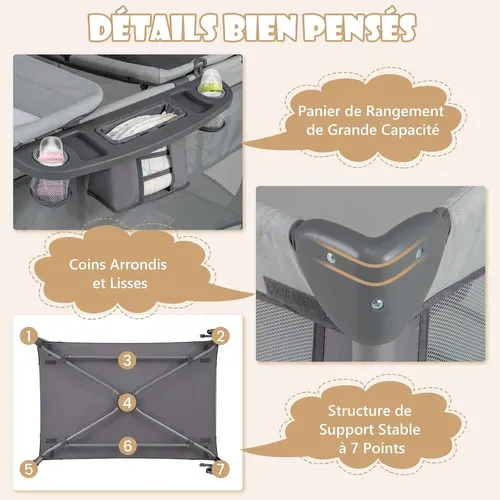 5 En 1 Lit Parapluie Bébé Avec Matelas Et Table à Langer, Lit Bébé Evolutif Avec Berceau Amovible