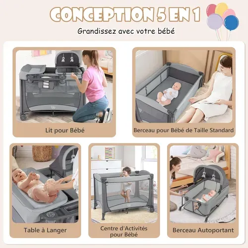 5 En 1 Lit Parapluie Bébé Avec Matelas Et Table à Langer, Lit Bébé Evolutif Avec Berceau Amovible