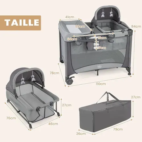 5 En 1 Lit Parapluie Bébé Avec Matelas Et Table à Langer, Lit Bébé Evolutif Avec Berceau Amovible