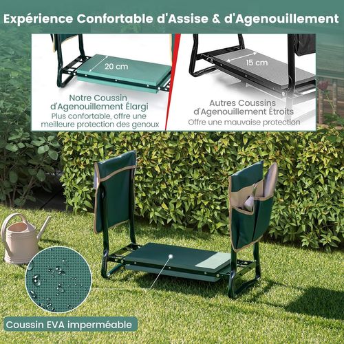 Tabourets De Jardinage Pliable Avec Coussin Eva, Genouillère De Jardin 2 En 1 Cadre En Métal , Vert
