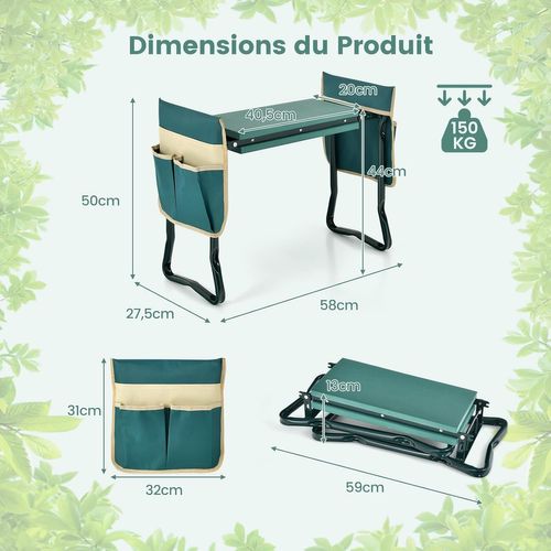 Tabourets De Jardinage Pliable Avec Coussin Eva, Genouillère De Jardin 2 En 1 Cadre En Métal , Vert