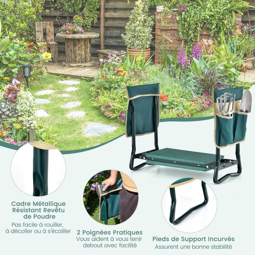 Tabourets De Jardinage Pliable Avec Coussin Eva, Genouillère De Jardin 2 En 1 Cadre En Métal , Vert