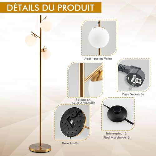 Lampadaire à 3 Globes, Lampe Sur Pied Moderne Avec Interrupteur à Pied Et Poteau Métallique