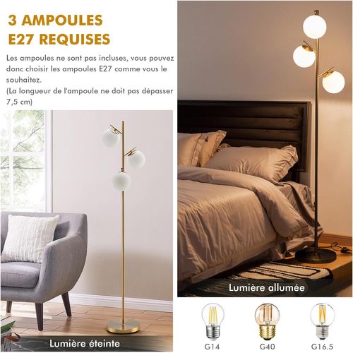 Lampadaire à 3 Globes, Lampe Sur Pied Moderne Avec Interrupteur à Pied Et Poteau Métallique