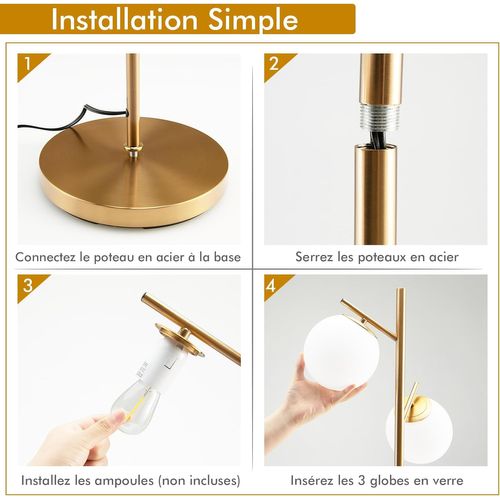 Lampadaire à 3 Globes, Lampe Sur Pied Moderne Avec Interrupteur à Pied Et Poteau Métallique