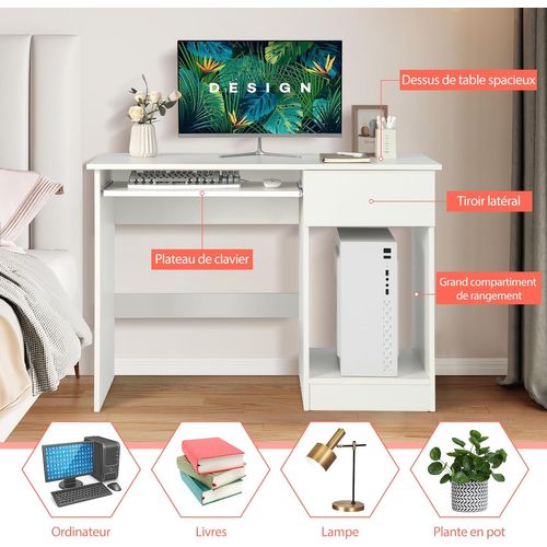 Bureau Blanc Pour Ordinateur, Bureau Informatique Avec Plateau Clavier Coulissant Et Un Grand Tiroir