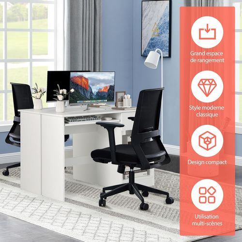 Bureau Blanc Pour Ordinateur, Bureau Informatique Avec Plateau Clavier Coulissant Et Un Grand Tiroir