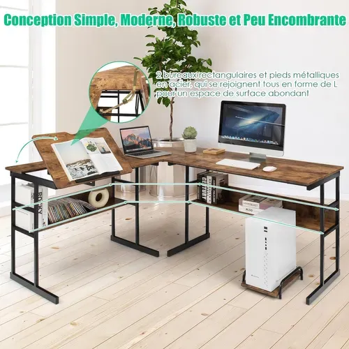 Bureau D'ordinateur D'angle 170 X 150 Cm,Table De Bureau Avec Plateau Inclinable,Marron Rustique