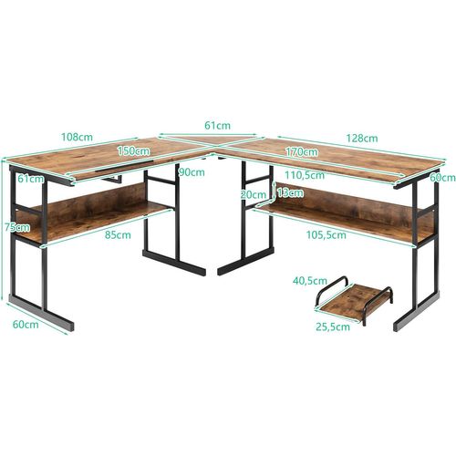 Bureau D'ordinateur D'angle 170 X 150 Cm,Table De Bureau Avec Plateau Inclinable,Marron Rustique